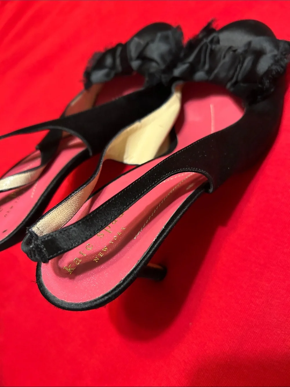 kate spade Black Satin Slingback Heels with Pink Insole and Bow